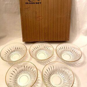 5 Dessert Ice Cream Bowl Clear Glass Gold Rim 4 1/2 x 1 3/4 deep by REFINE Boxed